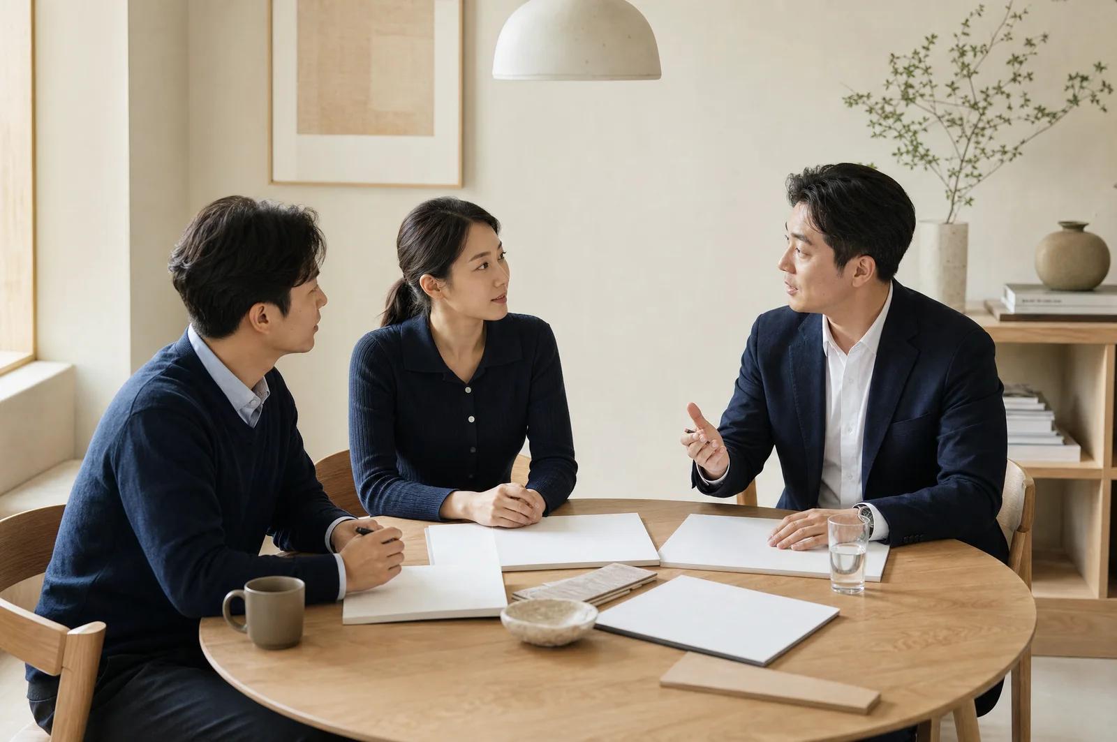 자료를 함께 살펴보며 대화하는 컨설턴트와 고객을 표현한 AI 콘셉트 이미지