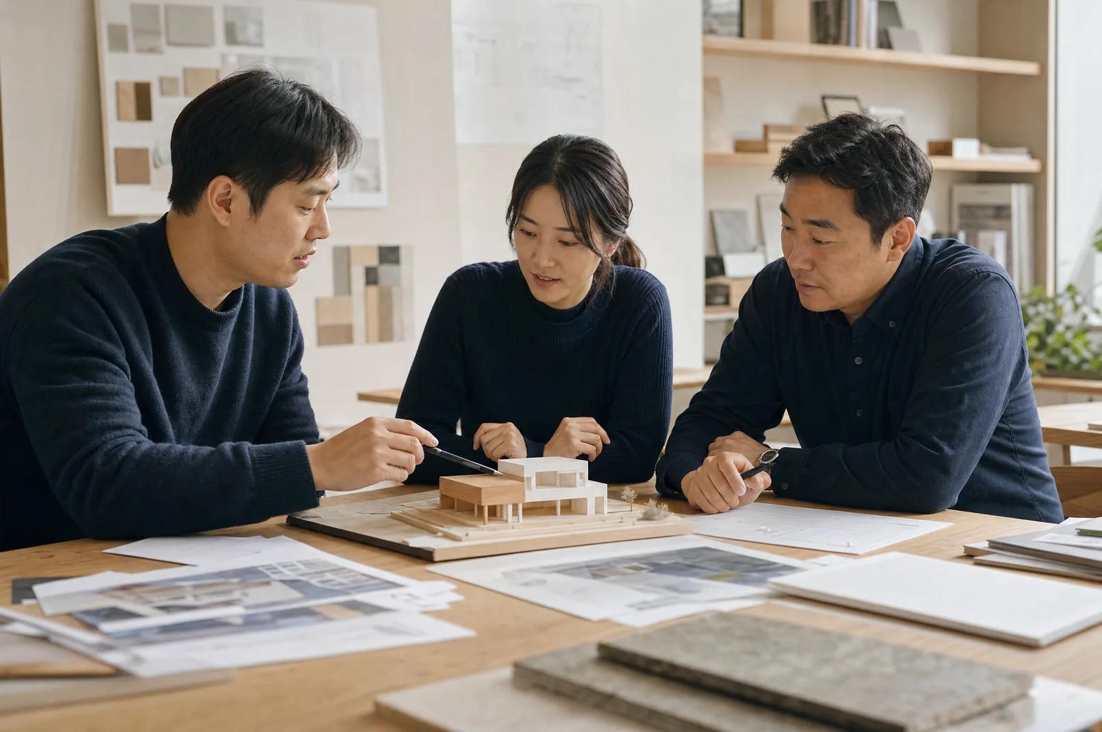 기획 자료와 모델을 검토하며 지식을 공유하는 동료들을 표현한 AI 콘셉트 이미지