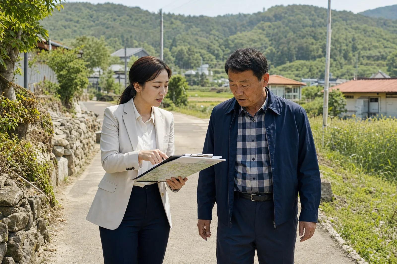 농촌 마을을 살피며 계획을 논의하는 두 사람의 AI 콘셉트 이미지